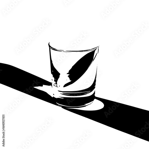 A monochrome image depicting a glass with a dark shadow cast across a white surface in a minimalist style