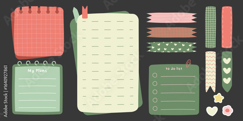 Cute doodle stationery with memo notebooks, decorative tapes and colorful stickers for creative planning. Pink and green notepads with grid patterns, ribbons and hearts. Organization supplies set.