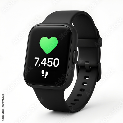 Black smartwatch with step counter display best for fitness and wearable technology-themed design projects