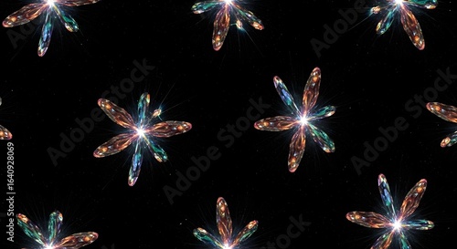 Abstract fractal patterns resembling glowing flowers on a black background