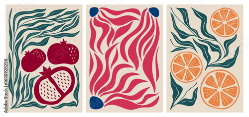 Modern abstract compositions with groovy flowing leaves, pomegranates and citrus slices for contemporary wall art. Bold colorful shapes in dynamic botanical designs. Retro decorative prints.