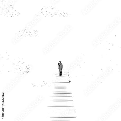 A lone figure walking on a striped path towards a bright horizon surrounded by cloud like shapes