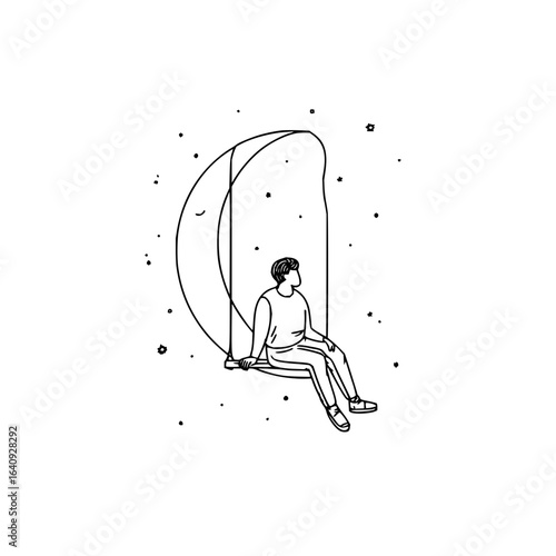 A person sitting on a moon swing surrounded by stars in a minimalist line art illustration style