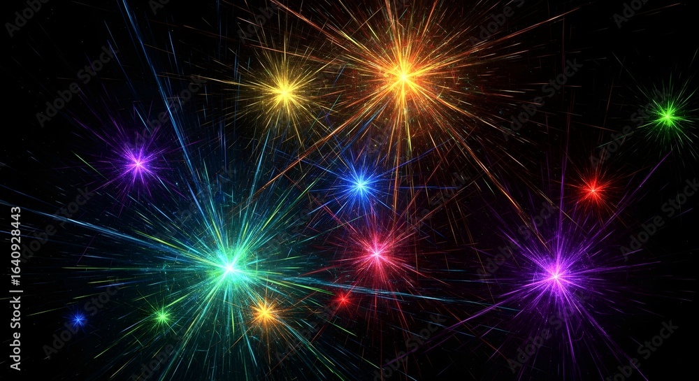 Fototapeta premium A vibrant explosion of colorful fractal light bursts against a dark black background