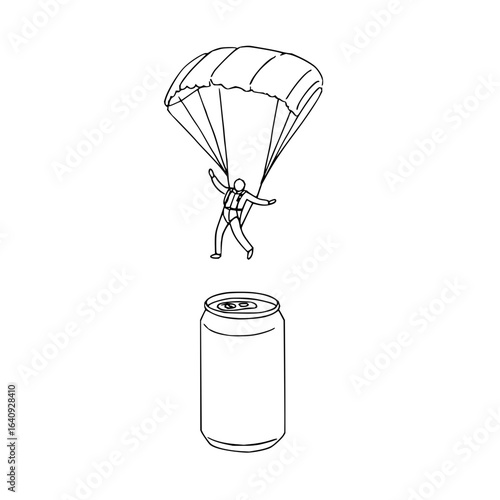 A line drawing showing a skydiver with a parachute above a soda can on a white background scene view