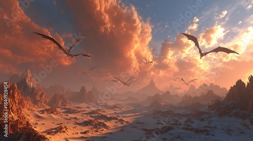 Dragons soar over a fantastical landscape. Fantasy artwork for web, design, editorial.