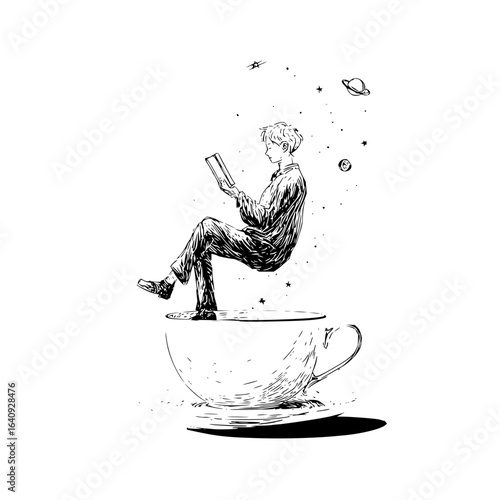 A person reading a book while sitting on a giant teacup with planets and stars in the background drawing