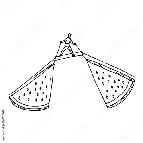 A person tightrope walking on a rope bridge between two large watermelon slices in black and white style