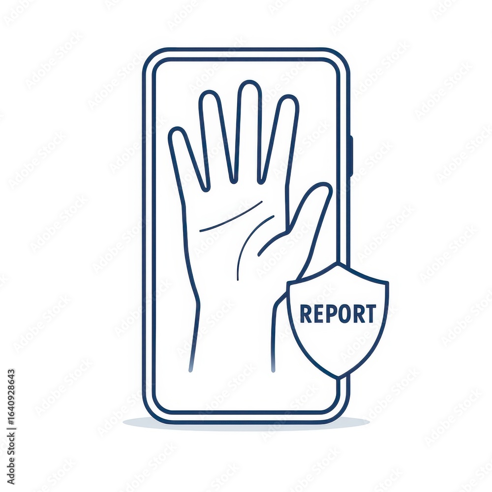 Obraz premium online grooming - A translucent adult hand with five fingers appears behind a glowing phone outline, featuring a report shield icon, depicted in minimal line-art style.