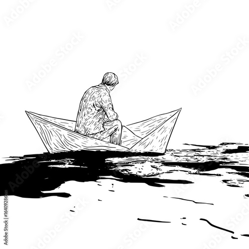Illustration of a man sitting in a paper boat on water with dark ink blotches in a black and white style