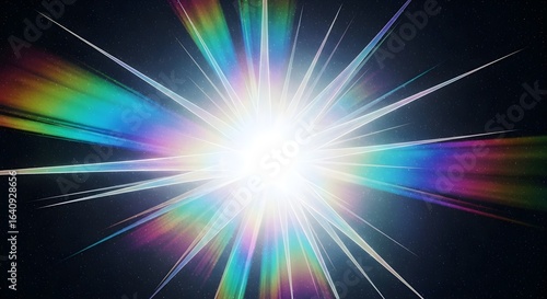 Abstract rainbow light burst emanating from a bright white star against a dark speckled background