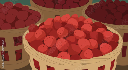 Baskets filled with fresh, ripe, red, plump strawberries on a green background