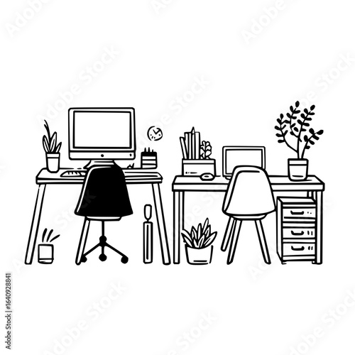 Illustration of two desks with computers chairs plants and office supplies in black and white style
