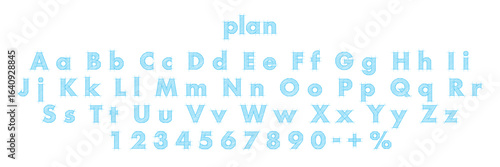 Blueprint font. Architectural typeface. Technical drawing alphabet with geometric construction guides, capital and lowercase letters, numbers, and symbols. Graphic vector illustration.