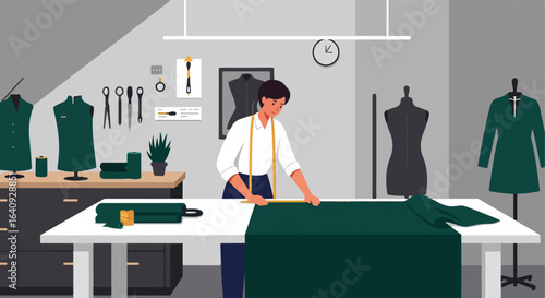 Tailor measures green fabric at work table with patterns, tools, and equipment