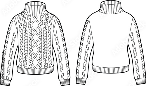Cable knit turtleneck sweater front and back view, ribbed cuffs and hem, winter fashion flat sketch, cozy apparel design illustration