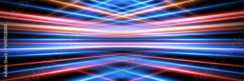 Colorful light laser grid background. Abstract glowing light beams in red, blue, orange, and pink intersecting on dark surface. Futuristic neon stage, light show, or game design. Vector illustration.