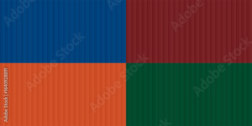 Color shipping container walls. Seamless vertical metal panel texture with embossed ridges and industrial design. Cargo container backdrops. Realistic vector illustrations set.