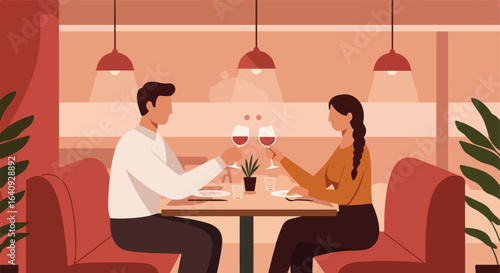 Couple toasting drinks at restaurant, enjoying date night. Warm, cozy, upscale dinner