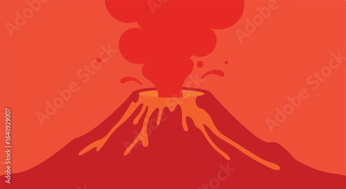 Volcano eruption graphic; lava flows down the sides, smoke rises against orange sky