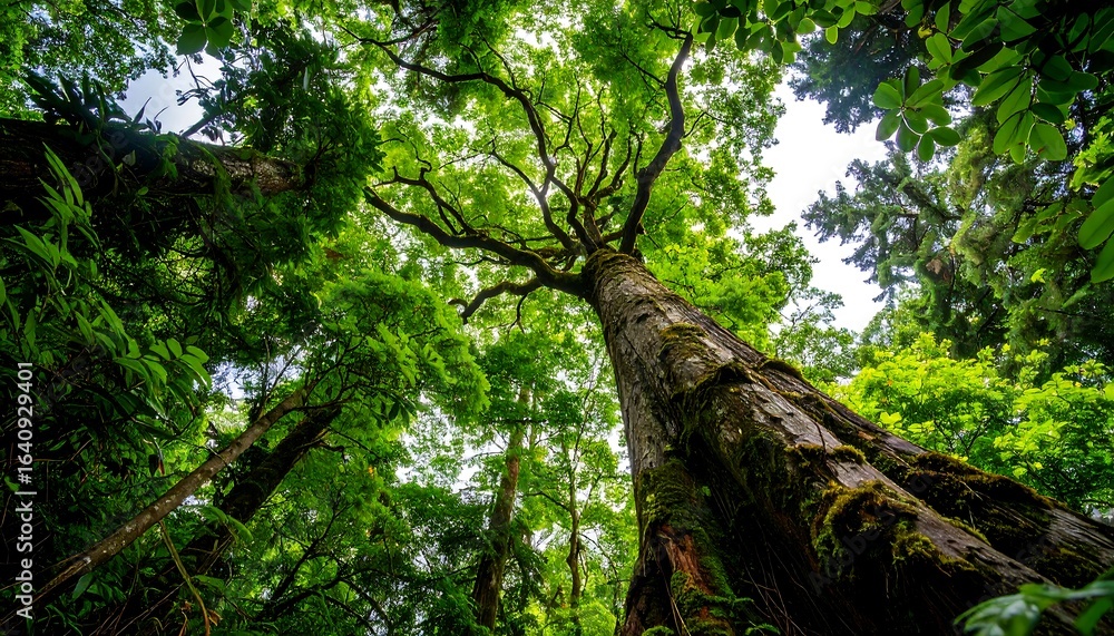 Fototapeta premium Lush forest canopy viewed from below.