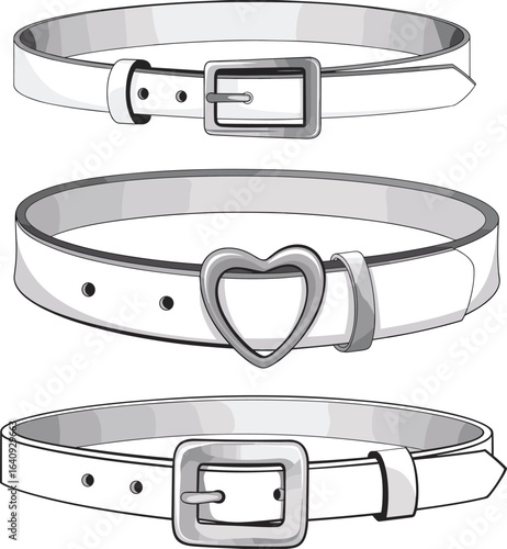 Fashion belts collection, buckle designs including square and heart shapes, stylish accessory illustration, leather belt drawing, clothing fashion accessory template