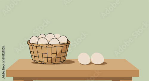 Basket with eggs. Two eggs on table. Light green background. Vector illustration