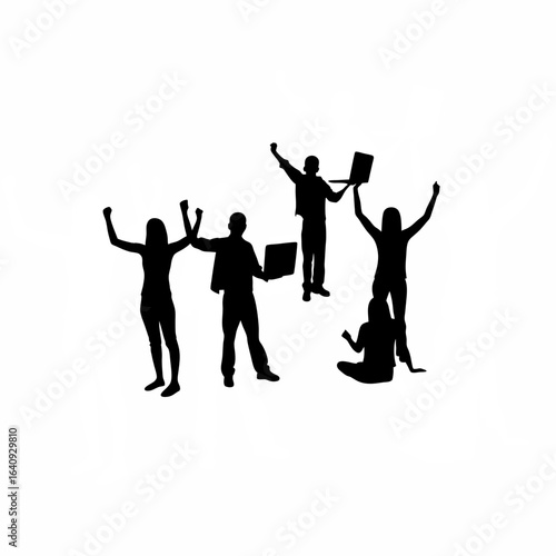 Young multicultural team celebrating milestones silhouette isolated on white background