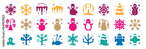 Colorful winter-themed icons include snowflakes, snowmen, penguins, icicles, trees, and mittens, creating a festive and cheerful atmosphere.