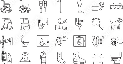 Disabled People Aids And Equipment Outline Icons Vector