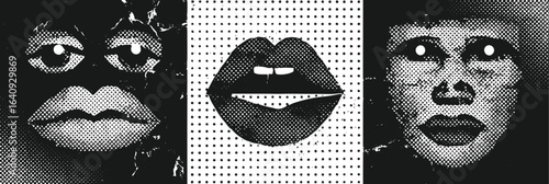 A triptych of abstract faces in black and white. Left sad eyes and lips. Center open lips. Right wide eyes and lips, creating an eerie tone.