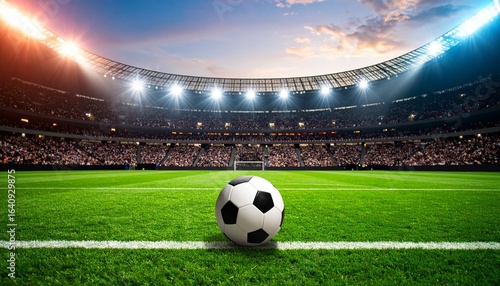 Soccer ball on green grass field in a stadium under blue sky