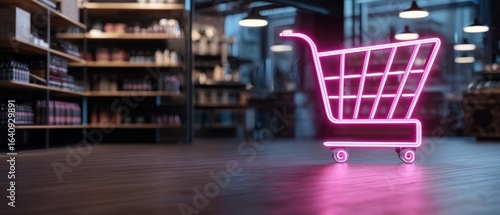 The illuminated neon shopping cart in a modern retail environment.