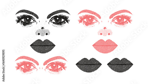 Pop art style illustrations of four pairs of eyes and lips in pink and black. The bold, dotted designs convey a retro, vibrant expression.
