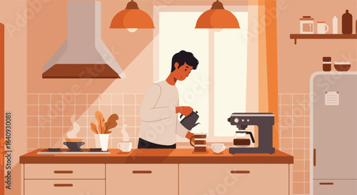 Person pouring coffee into a cup in a warm kitchen setting. Vector art