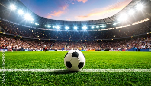 White lights illuminate the green stadium field where a black and white soccer ball sits on the grass, ready for the game