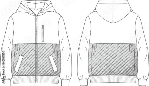 Hooded quilted jacket front and back view, fashion flat sketch, casual outerwear design, zipper hoodie illustration, apparel technical drawing, clothing design template