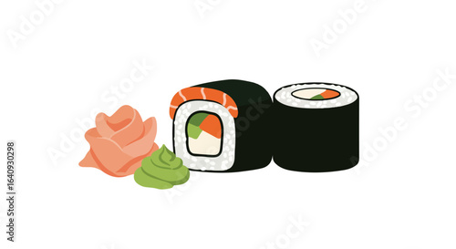 Cut sushi with ginger, wasabi and filling