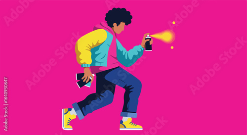 Artist sprays vibrant paint; donning colorful jacket, jeans, and shoes on pink background