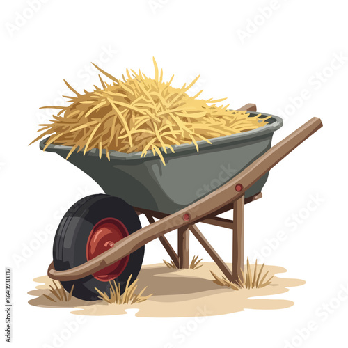 A cartoon illustration of a grey wheelbarrow filled with golden hay, resting on a patch of dry ground.