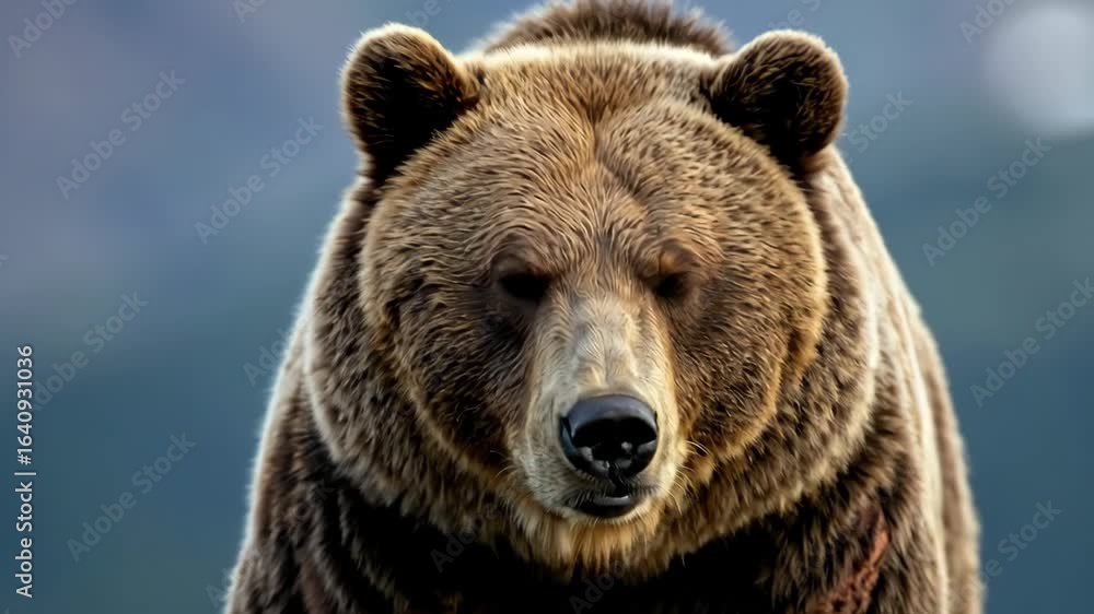 Brown grizzly bear looking ahead in wild valley. Natural style. Strength and survival concept. Wildlife conservation, national park guides, safety brochures, outdoor brands, education materials Brown grizzly bear looking ahead in wild valley. Natural style. Strength and survival concept. Wildlife conservation, national park guides, safety brochures, outdoor brands, education materials