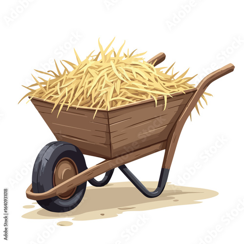 A cartoon illustration of a rustic wooden wheelbarrow filled with golden hay on a white background.