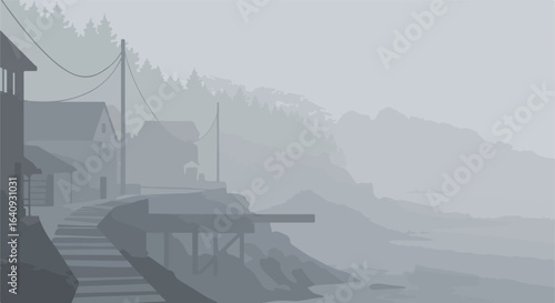 Foggy coastal scene with houses, pier, trees, mountains and a distant boat