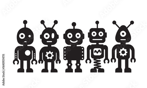 Five stylized black robots with different designs standing in a row isolated on white background