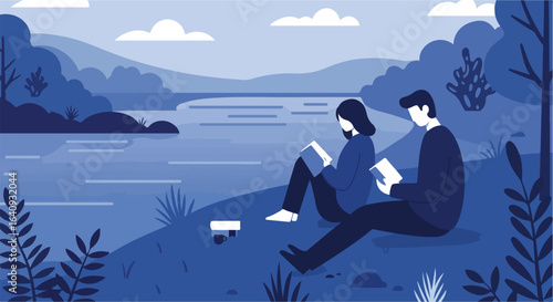Couple reading books, by lakeside on hill, amidst blue landscape, relaxing, thoughtful