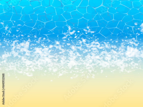 海辺や浜辺の砂浜の波打ち際のイメージの背景素材。手描きの水彩風テクスチャーとゆらゆらした水面の輝きのイメージ。細かい泡や光の粒子の輝くテクスチャー。