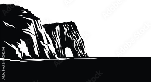 Dark sea meets black rock formation with a hole, set against a white backdrop