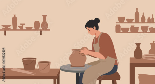 Potter shapes clay, vessels on shelves behind in earthy tones