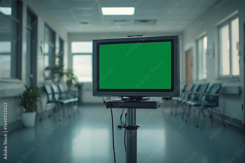 Naklejka premium A blank chroma key green screen monitor stands in a hospital waiting room, an ideal mockup for medical or health information.