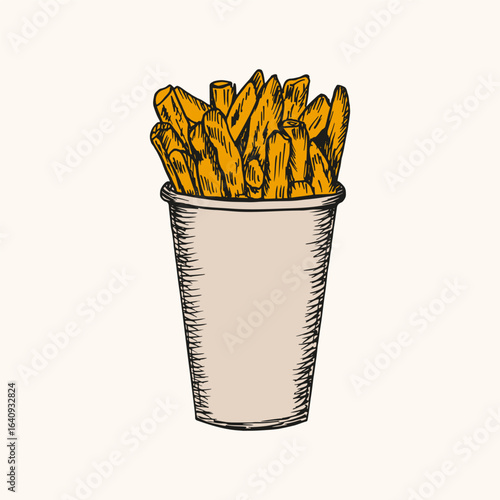 French fries in a cup sketch drawing illustration. Potato chips, fried slices colorful outline drawing in engraving style, fast food hand-drawn vector clipart, isolated